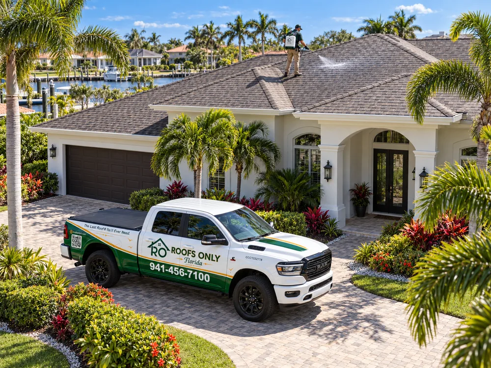A roofer spraying rejuvenation treatment on a shingle roof, with a Roofs Only Florida truck in the driveway