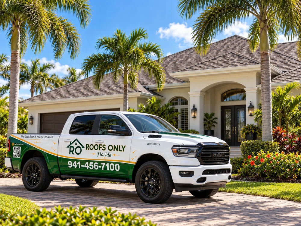 A shingle roof with a Roofs Only Florida truck in the driveway