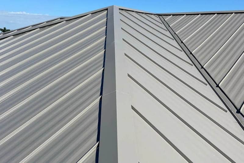 Close-up of new standing-seam metal roofing